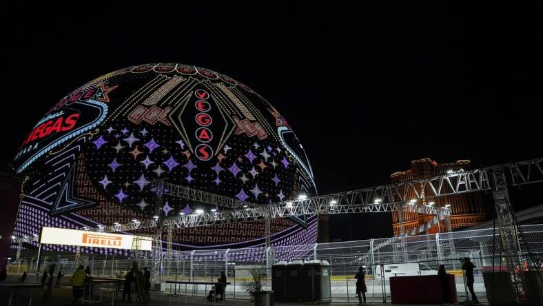 Nov 16, 2023; Las Vegas, Nevada, USA; The MSG Sphere is observed prior to the start of the first at Formula 1 Heineken Silver Las Vegas Grand Prix practice at the Las Vegas Strip Circuit. Mandatory Credit: Lucas Peltier-USA TODAY Sports