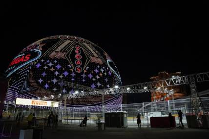 Nov 16, 2023; Las Vegas, Nevada, USA; The MSG Sphere is observed prior to the start of the first at Formula 1 Heineken Silver Las Vegas Grand Prix practice at the Las Vegas Strip Circuit. Mandatory Credit: Lucas Peltier-USA TODAY Sports