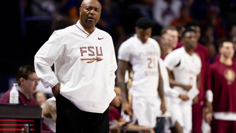 Nov 17, 2023; Gainesville, Florida, USA; Florida State Seminoles head coach Leonard Hamilton looks on during the first half against the Florida Gators at Exactech Arena at the Stephen C. O'Connell Center. Mandatory Credit: Matt Pendleton-USA TODAY Sports