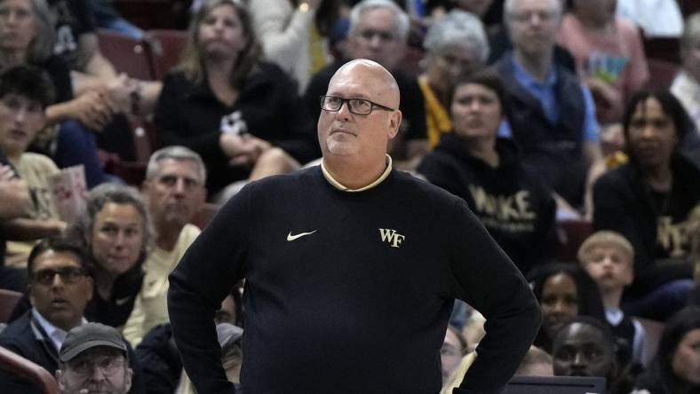 Nov 17, 2023; Charleston, SC, USA; Wake Forest Demon Deacons head coach Steve Forbes watches the action on the court in the second half against the Towson Tigers at TD Arena. Mandatory Credit: David Yeazell-USA TODAY Sports