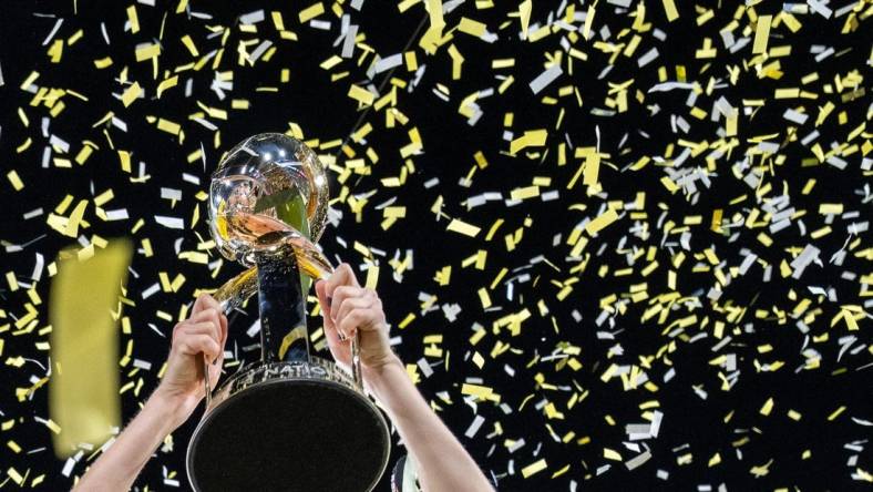 November 11, 2023; San Diego, California, USA; Detail view of the championship trophy after the NWSL Championship match against OL Reign at Snapdragon Stadium. Mandatory Credit: Kyle Terada-USA TODAY Sports