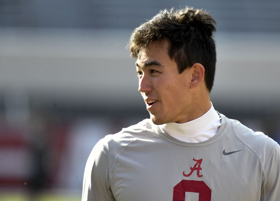 Nov 18, 2023; Tuscaloosa, Alabama, USA;  Alabama Crimson Tide quarterback Tyler Buchner (8) walks through his pregame warmup before the game with Chattanooga at Bryant-Denny Stadium. Mandatory Credit: Gary Cosby Jr.-USA TODAY Sports