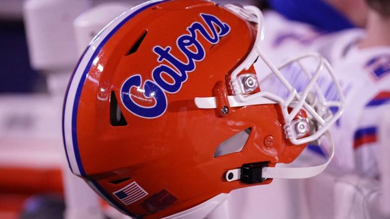 Nov 18, 2023; Columbia, Missouri, USA; A general view of a Florida Gators helmet against the Missouri Tigers  prior to a game at Faurot Field at Memorial Stadium. Mandatory Credit: Denny Medley-USA TODAY Sports