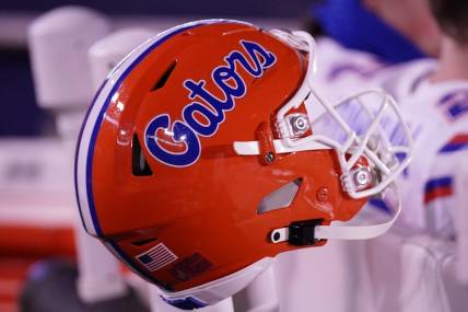 Nov 18, 2023; Columbia, Missouri, USA; A general view of a Florida Gators helmet against the Missouri Tigers  prior to a game at Faurot Field at Memorial Stadium. Mandatory Credit: Denny Medley-USA TODAY Sports