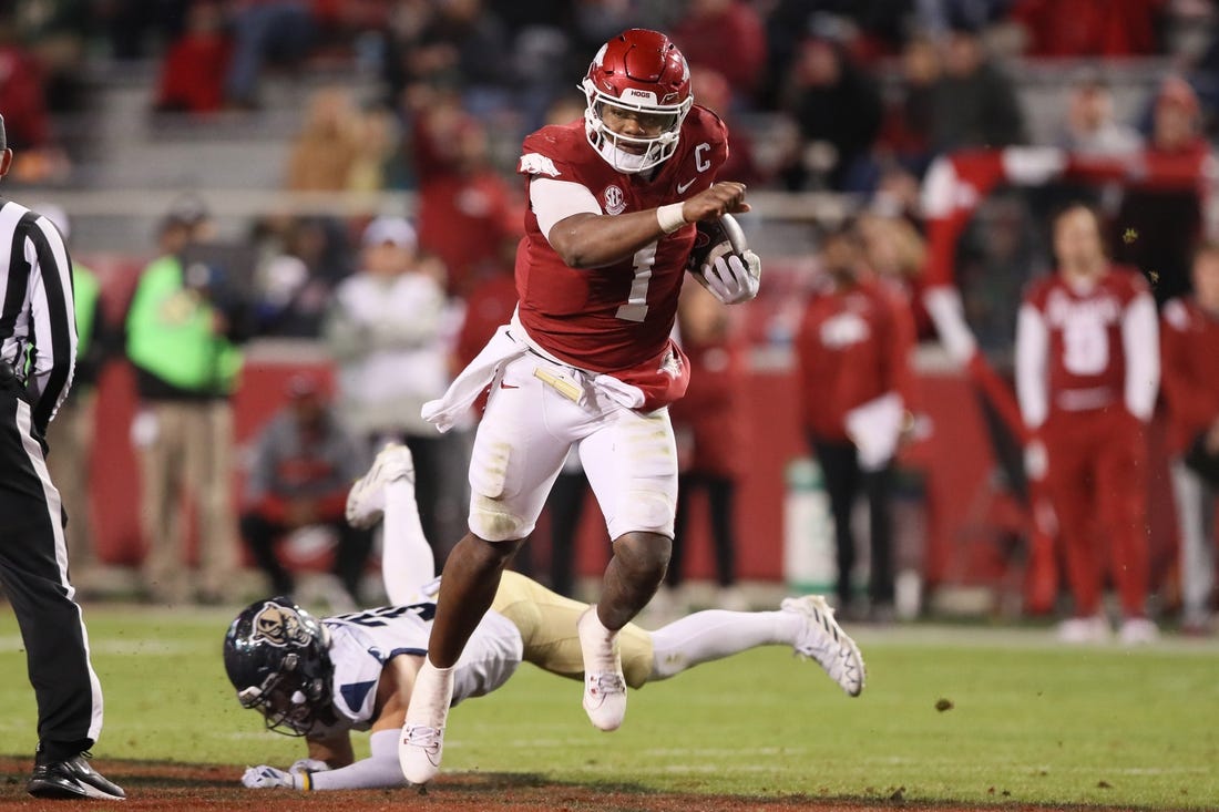 Nov 18, 2023; Fayetteville, Arkansas, USA; Arkansas Razorbacks quarterback KJ Jefferson (1) rushes in the third quarter against the FIU Panthers at Donald W. Reynolds Razorback Stadium. Arkansas won 44-20. Mandatory Credit: Nelson Chenault-USA TODAY Sports