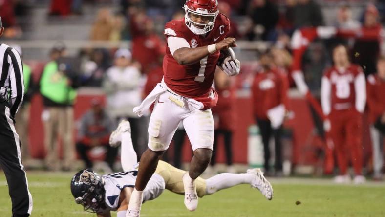 Nov 18, 2023; Fayetteville, Arkansas, USA; Arkansas Razorbacks quarterback KJ Jefferson (1) rushes in the third quarter against the FIU Panthers at Donald W. Reynolds Razorback Stadium. Arkansas won 44-20. Mandatory Credit: Nelson Chenault-USA TODAY Sports