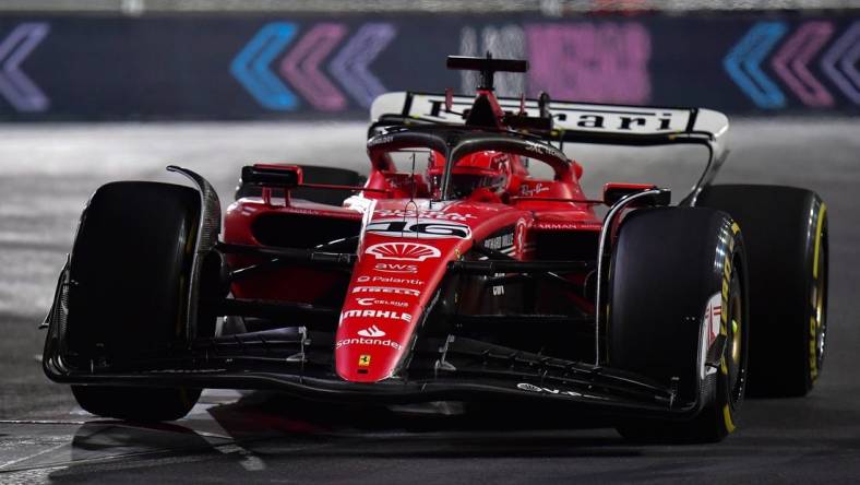 Nov 18, 2023; Las Vegas, Nevada, USA; Scuderia Ferrari driver Charles LeClerc of Monaco (16) during the Las Vegas Grand Prix at Las Vegas Strip Circuit. Mandatory Credit: Gary A. Vasquez-USA TODAY Sports