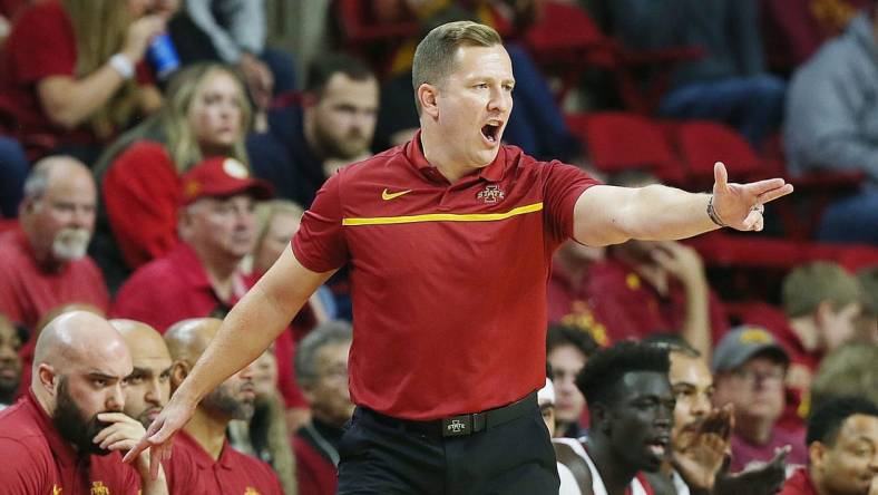 Iowa State men's basketball head coach T.J. Otzelberger reacts at the side line during the first half against Grambling State in the NCAA men's basketball at Hilton Coliseum on Sunday, Nov. 19, 2023, in Ames, Iowa.