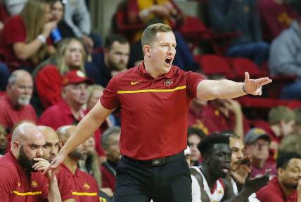 Iowa State men's basketball head coach T.J. Otzelberger reacts at the side line during the first half against Grambling State in the NCAA men's basketball at Hilton Coliseum on Sunday, Nov. 19, 2023, in Ames, Iowa.