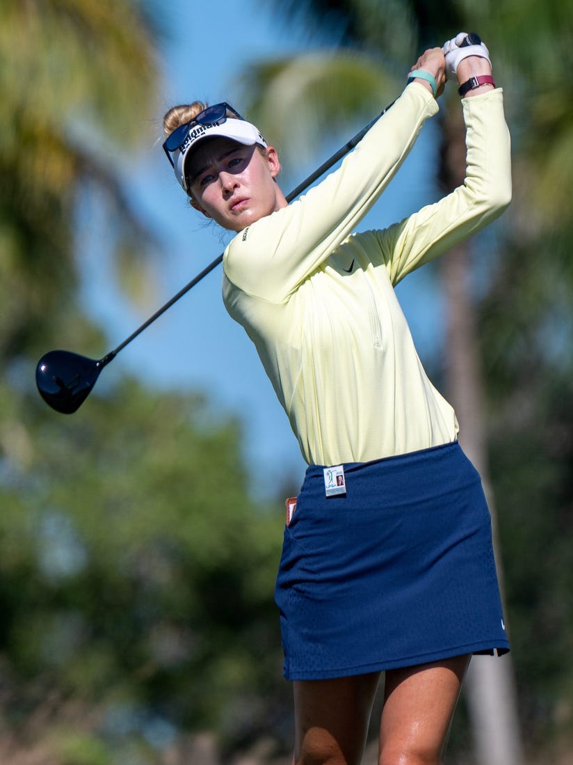 Nelly Korda tees off on the 9th hole during the final round of the CME Group Tour Championship at the Tiburon Golf Club in Naples, Fla.,on Sunday, November 19, 2023.