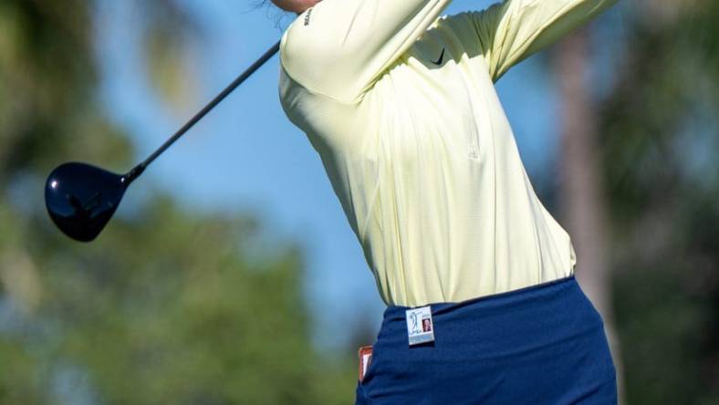 Nelly Korda tees off on the 9th hole during the final round of the CME Group Tour Championship at the Tiburon Golf Club in Naples, Fla.,on Sunday, November 19, 2023.