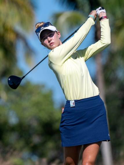 Nelly Korda tees off on the 9th hole during the final round of the CME Group Tour Championship at the Tiburon Golf Club in Naples, Fla.,on Sunday, November 19, 2023.
