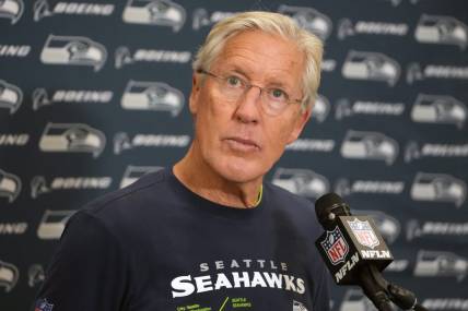 Nov 19, 2023; Inglewood, California, USA;  Seattle Seahawks head coach Pete Carroll speaks in a press conference after the game against the Los Angeles Rams at SoFi Stadium. Mandatory Credit: Kirby Lee-USA TODAY Sports