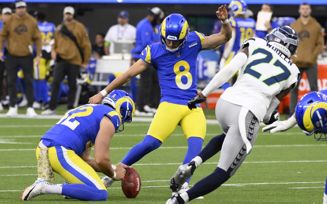 Nov 19, 2023; Inglewood, California, USA; Los Angeles Rams place kicker Lucas Havrisik (8) kicks a field goal in the fourth quarter against the Seattle Seahawks at SoFi Stadium. Mandatory Credit: Robert Hanashiro-USA TODAY Sports