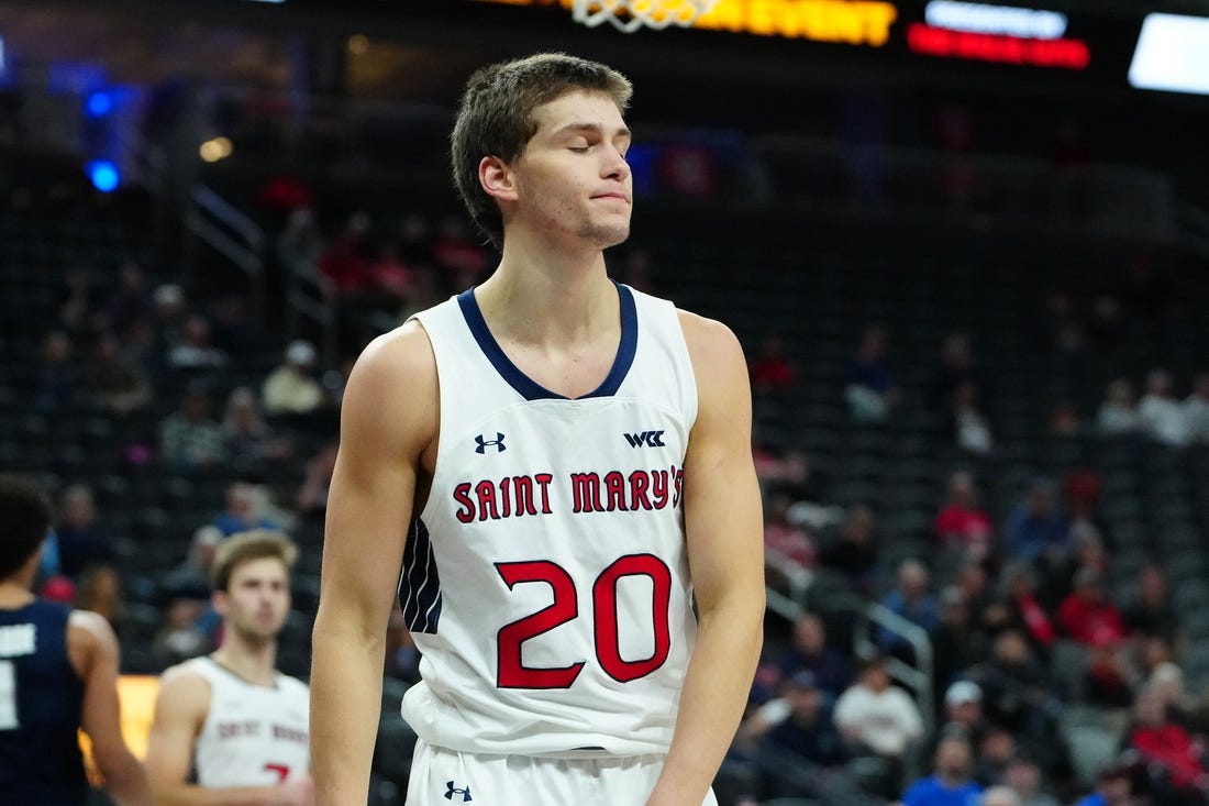 Nov 19, 2023; Las Vegas, NV, USA; St. Mary's Gaels guard Aidan Mahaney (20) reacts to a foul during the second half against the Xavier Musketeers at T-Mobile Arena. Mandatory Credit: Stephen R. Sylvanie-USA TODAY Sports