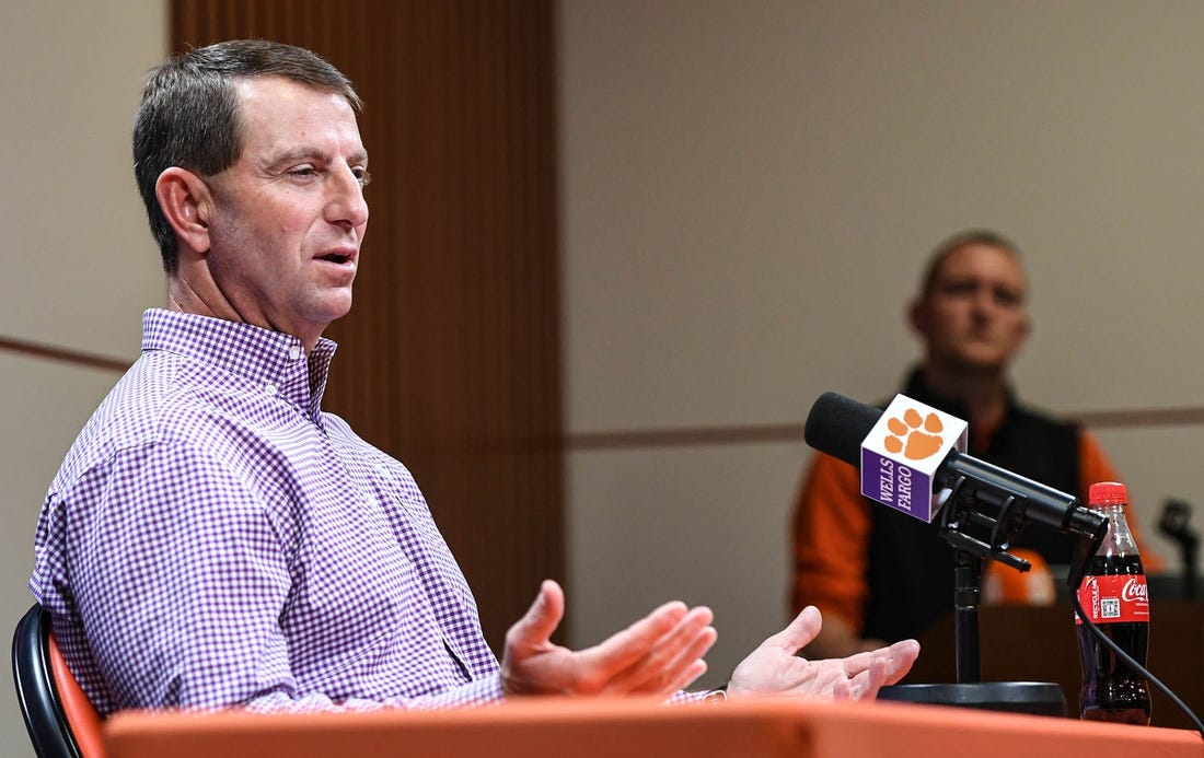 Clemson head coach Dabo Swinney speaks in the Smart Family Media Center at the Smart Family Media Center at the Poe Indoor Practice Facility in Clemson, S.C. Tuesday, Nov 21, 2023.