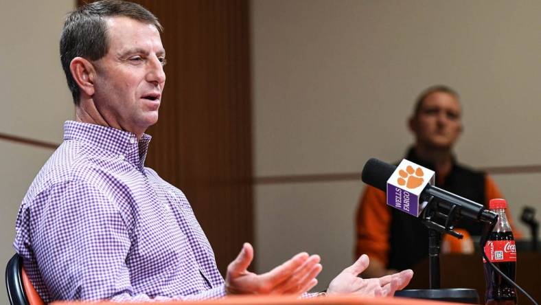 Clemson head coach Dabo Swinney speaks in the Smart Family Media Center at the Smart Family Media Center at the Poe Indoor Practice Facility in Clemson, S.C. Tuesday, Nov 21, 2023.