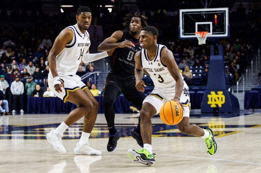 Notre Dame guard Markus Burton (3) drives to the basket as Maryland Eastern Shore guard Toby Nnadozie (0) defends during the Maryland Eastern Shore-Notre Dame NCAA Men   s basketball game on Wednesday, November 22, 2023, at Purcell Pavilion in South Bend, Indiana.