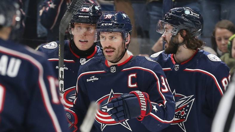 Nov 22, 2023; Columbus, Ohio, USA; Columbus Blue Jackets center Boone Jenner (38) celebrates his goal against the Chicago Blackhawks during the first period at Nationwide Arena. Mandatory Credit: Russell LaBounty-USA TODAY Sports