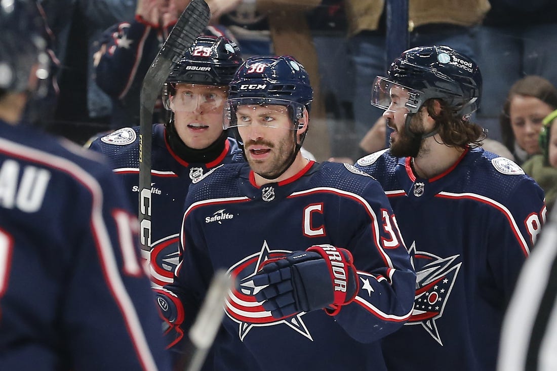 Nov 22, 2023; Columbus, Ohio, USA; Columbus Blue Jackets center Boone Jenner (38) celebrates his goal against the Chicago Blackhawks during the first period at Nationwide Arena. Mandatory Credit: Russell LaBounty-USA TODAY Sports