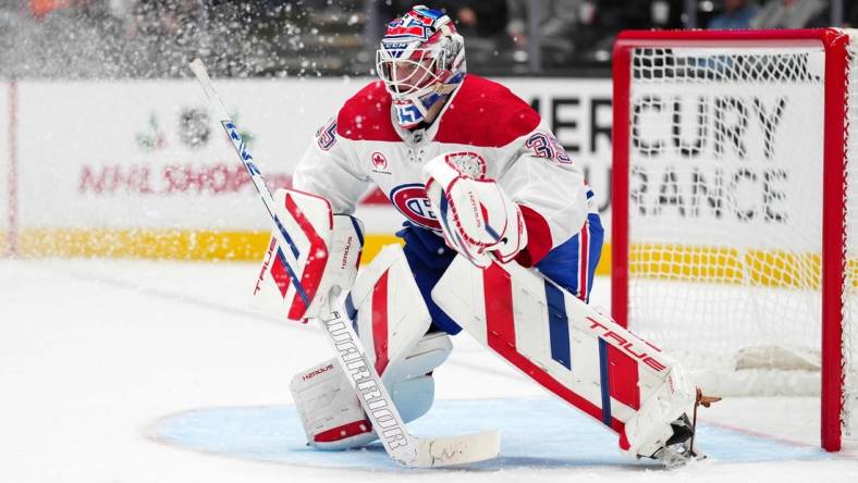 Nov 22, 2023; Anaheim, California, USA; Montreal Canadiens goaltender Sam Montembeault (35) defends the goal against the Anaheim Ducks in the second period at Honda Center. Mandatory Credit: Kirby Lee-USA TODAY Sports