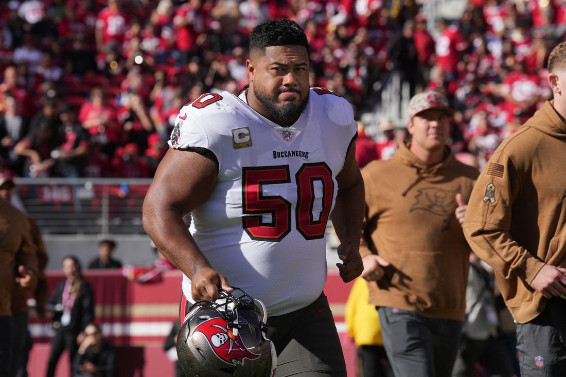 Nov 19, 2023; Santa Clara, California, USA; Tampa Bay Buccaneers defensive tackle Vita Vea (50) before the game against the San Francisco 49ers at Levi's Stadium. Mandatory Credit: Darren Yamashita-USA TODAY Sports