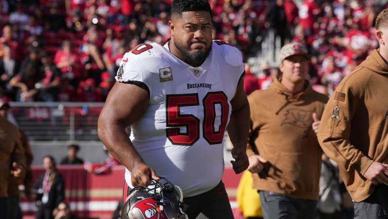 Nov 19, 2023; Santa Clara, California, USA; Tampa Bay Buccaneers defensive tackle Vita Vea (50) before the game against the San Francisco 49ers at Levi's Stadium. Mandatory Credit: Darren Yamashita-USA TODAY Sports