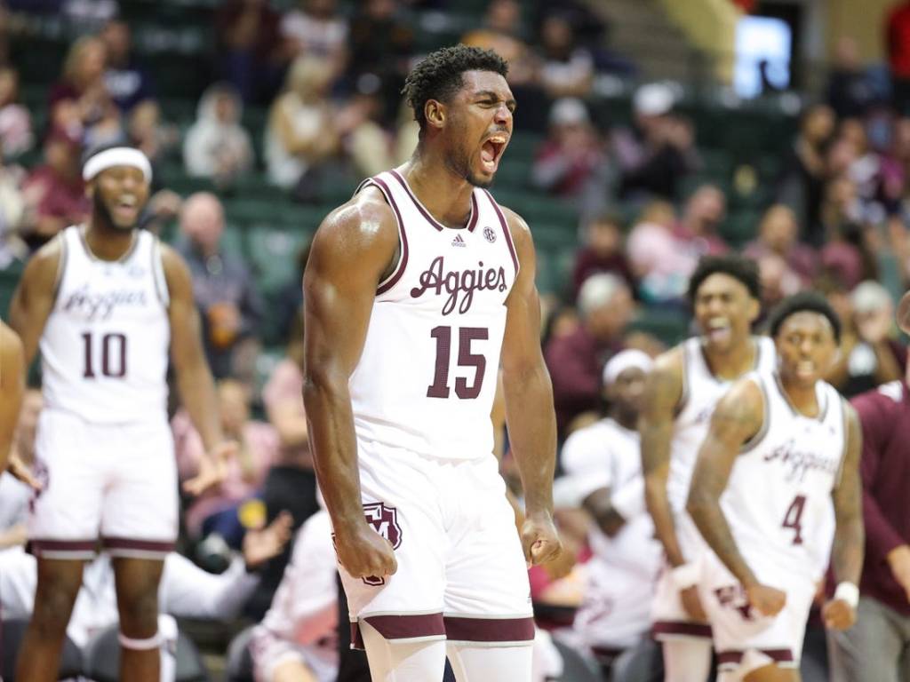 Nov 23, 2023; Kissimmee, FL, USA;  Texas A&M Aggies forward Henry Coleman III (15) reacts after a play against the Penn State Nittany Lions in the first half  during the ESPN Events Invitational at State Farm Field House. Mandatory Credit: Nathan Ray Seebeck-USA TODAY Sports