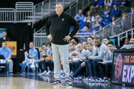 Nov 23, 2023; Kansas City, Missouri, USA; Creighton Bluejays head coach Greg McDermott on the sidelines during the first half Colorado State Rams at T-Mobile Center. Mandatory Credit: William Purnell-USA TODAY Sports