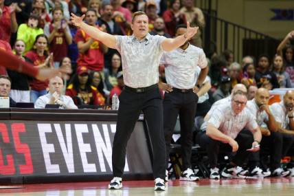 Nov 23, 2023; Kissimmee, Florida, USA;  Iowa State Cyclones head coach T. J. Otzelberger reacts after a play against the Virginia Commonwealth Rams in the second half during the ESPN Events Invitational at State Farm Field House. Mandatory Credit: Nathan Ray Seebeck-USA TODAY Sports