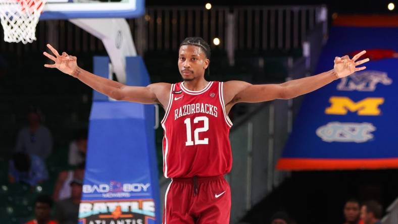 Nov 24, 2023; Paradise Island, BAHAMAS;  Arkansas Razorbacks guard Tramon Mark (12) reacts after scoring during the second half against the North Carolina Tar Heels at Imperial Arena. Mandatory Credit: Kevin Jairaj-USA TODAY Sports