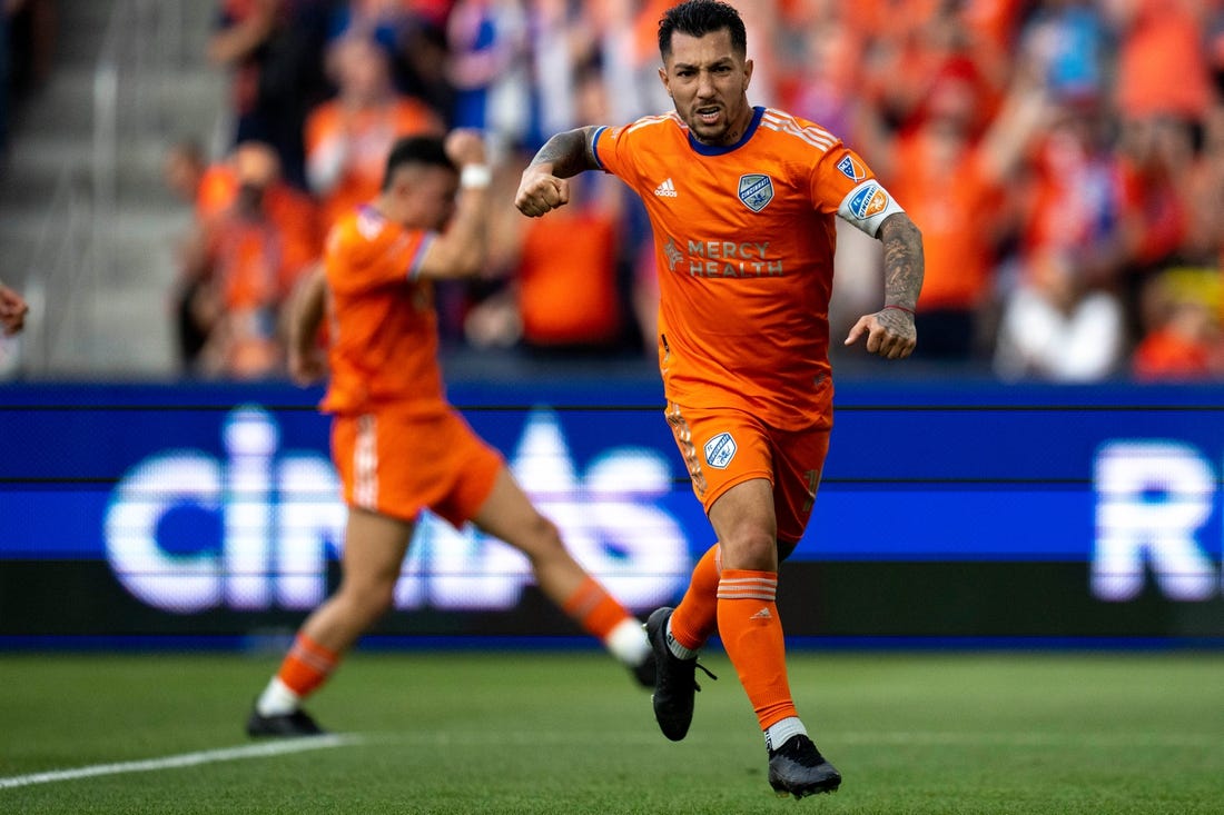 FC Cincinnati midfielder Luciano Acosta (10) celebrates after scoring on a penalty kick in the first half of FC Cincinnati and Columbus Crew play at TQL Stadium in Cincinnati on Saturday, May 20, 2023.