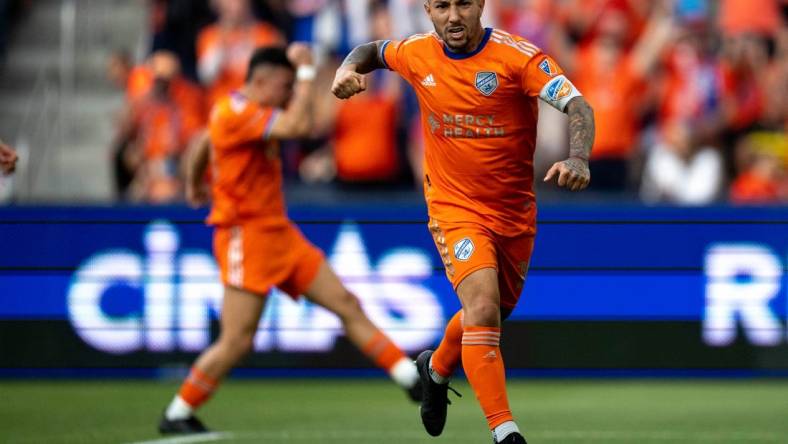 FC Cincinnati midfielder Luciano Acosta (10) celebrates after scoring on a penalty kick in the first half of FC Cincinnati and Columbus Crew play at TQL Stadium in Cincinnati on Saturday, May 20, 2023.