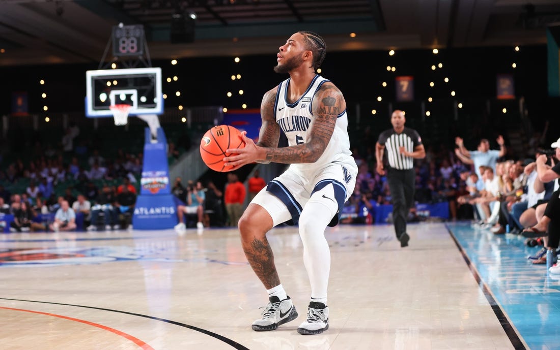 Nov 24, 2023; Paradise Island, BAHAMAS;  Villanova Wildcats guard Justin Moore (5) shoots during the first half against the Memphis Tigers at Imperial Arena. Mandatory Credit: Kevin Jairaj-USA TODAY Sports