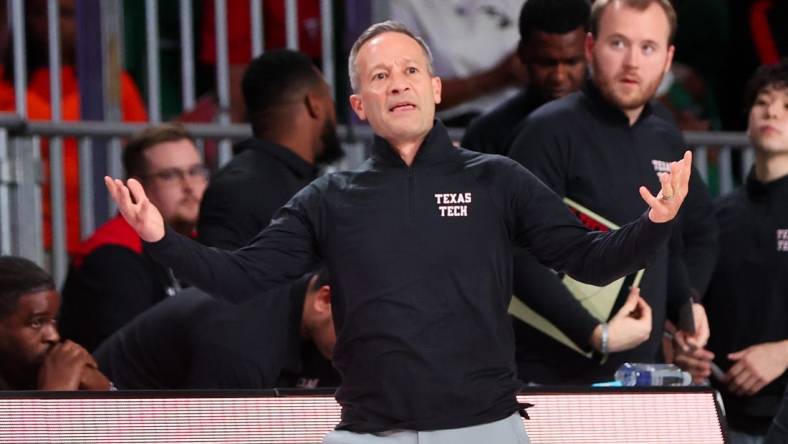 Nov 24, 2023; Paradise Island, BAHAMAS;  Texas Tech Red Raiders head coach Grant McCasland reacts during the first half against the Michigan Wolverines  at Imperial Arena. Mandatory Credit: Kevin Jairaj-USA TODAY Sports