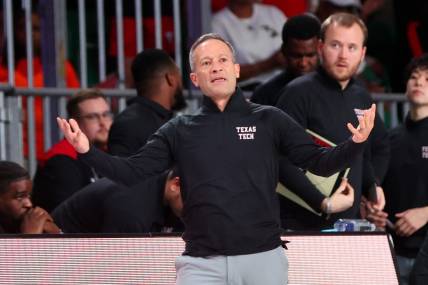 Nov 24, 2023; Paradise Island, BAHAMAS;  Texas Tech Red Raiders head coach Grant McCasland reacts during the first half against the Michigan Wolverines  at Imperial Arena. Mandatory Credit: Kevin Jairaj-USA TODAY Sports