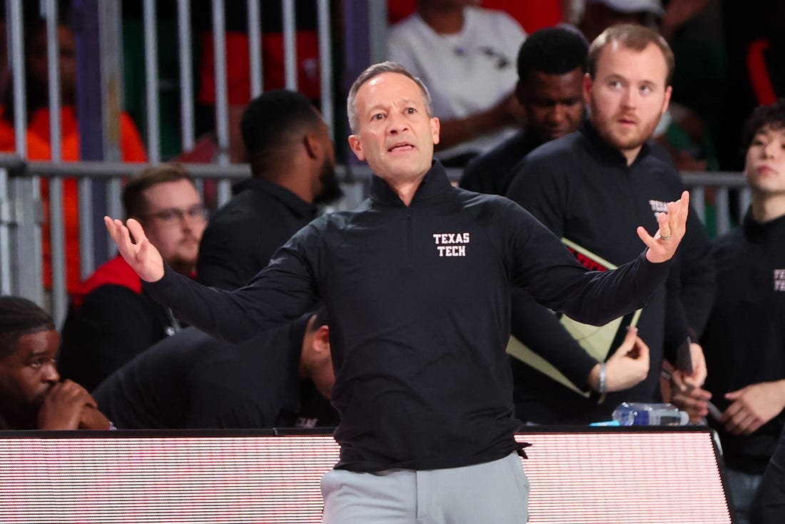 Nov 24, 2023; Paradise Island, BAHAMAS;  Texas Tech Red Raiders head coach Grant McCasland reacts during the first half against the Michigan Wolverines  at Imperial Arena. Mandatory Credit: Kevin Jairaj-USA TODAY Sports