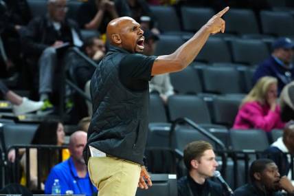 Nov 24, 2023; Las Vegas, NV, USA; Vanderbilt Commodores head coach Jerry Stackhouse argues a call in favor of the Arizona State Sun Devils during the first half at Michelob ULTRA Arena. Mandatory Credit: Stephen R. Sylvanie-USA TODAY Sports