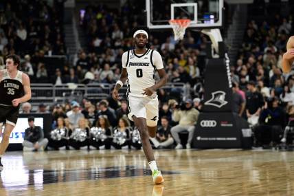Nov 24, 2023; Providence, Rhode Island, USA; Providence Friars guard Davonte Gaines (0) runs up the court during the second half against the Lehigh Mountain Hawks at Amica Mutual Pavilion. Mandatory Credit: Eric Canha-USA TODAY Sports