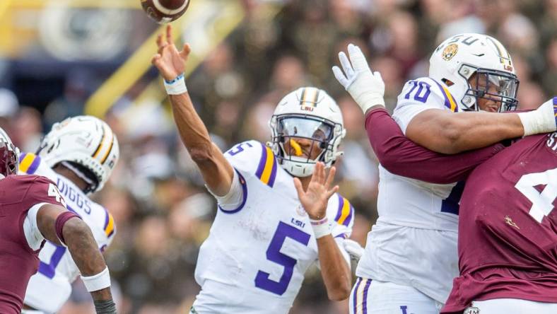 Quarterback Jayden Daniels 5 as the LSU Tigers take on Texas A&M in Tiger Stadium in Baton Rouge, Louisiana, November 25, 2023.