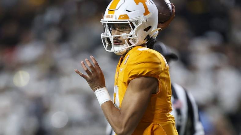 Nov 25, 2023; Knoxville, Tennessee, USA; Tennessee Volunteers quarterback Nico Iamaleava (8) passes the ball against the Vanderbilt Commodores during the second half at Neyland Stadium. Mandatory Credit: Randy Sartin-USA TODAY Sports