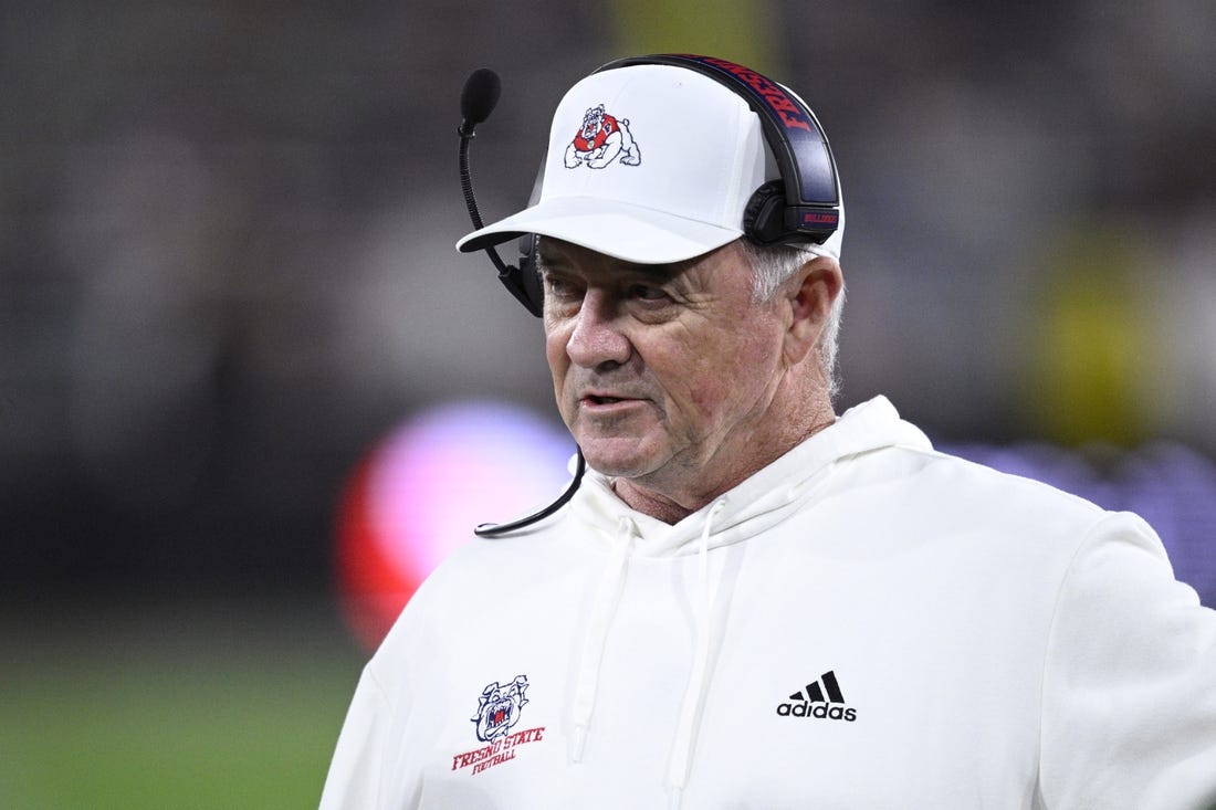 Nov 25, 2023; San Diego, California, USA; Fresno State Bulldogs head coach Jeff Tedford looks on during the first half against the San Diego State Aztecs at Snapdragon Stadium. Mandatory Credit: Orlando Ramirez-USA TODAY Sports