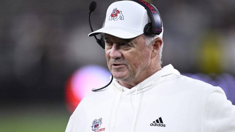 Nov 25, 2023; San Diego, California, USA; Fresno State Bulldogs head coach Jeff Tedford looks on during the first half against the San Diego State Aztecs at Snapdragon Stadium. Mandatory Credit: Orlando Ramirez-USA TODAY Sports