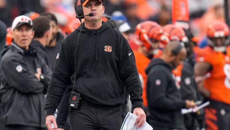 Cincinnati Bengals head coach Zac Taylor paces the sideline in the second quarter of the NFL Week 12 game between the Cincinnati Bengals and the Pittsburgh Steelers at Paycor Stadium in Cincinnati on Sunday, Nov. 26, 2023.