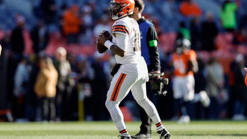 Nov 26, 2023; Denver, Colorado, USA; Cleveland Browns quarterback PJ Walker (10) before the game against the Denver Broncos at Empower Field at Mile High. Mandatory Credit: Isaiah J. Downing-USA TODAY Sports