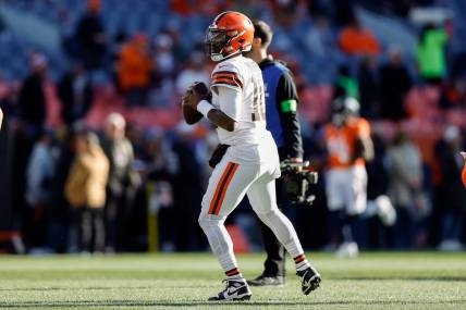 Nov 26, 2023; Denver, Colorado, USA; Cleveland Browns quarterback PJ Walker (10) before the game against the Denver Broncos at Empower Field at Mile High. Mandatory Credit: Isaiah J. Downing-USA TODAY Sports