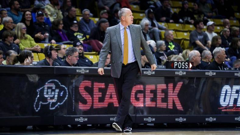 Nov 26, 2023; Boulder, Colorado, USA; Colorado head coach Tad Boyle during the second half against the Iona Gaels at CU Events Center. Mandatory Credit: Chet Strange-USA TODAY Sports