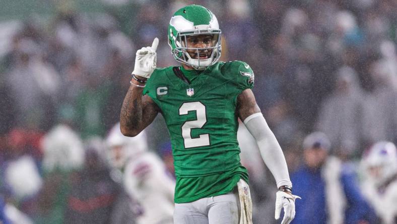 Nov 26, 2023; Philadelphia, Pennsylvania, USA; Philadelphia Eagles cornerback Darius Slay (2) reacts after breaking up a pass play against the Buffalo Bills during the second quarter at Lincoln Financial Field. Mandatory Credit: Bill Streicher-USA TODAY Sports