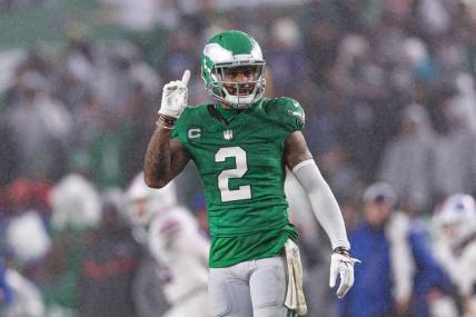 Nov 26, 2023; Philadelphia, Pennsylvania, USA; Philadelphia Eagles cornerback Darius Slay (2) reacts after breaking up a pass play against the Buffalo Bills during the second quarter at Lincoln Financial Field. Mandatory Credit: Bill Streicher-USA TODAY Sports