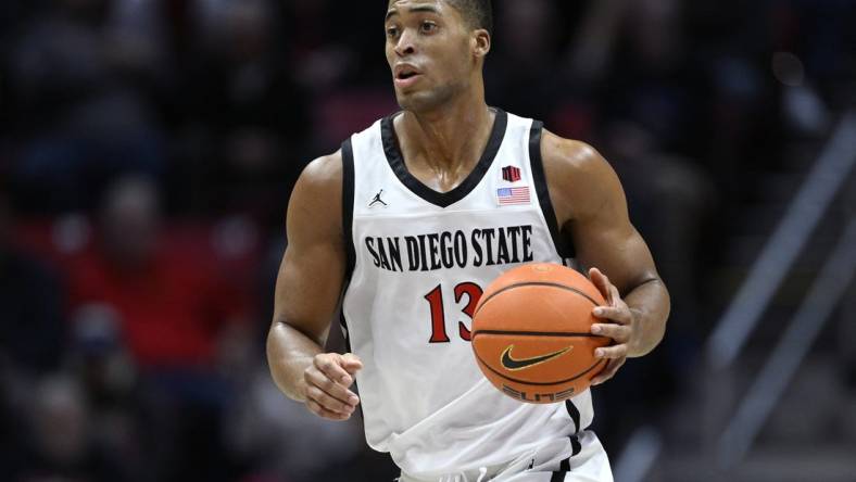 Nov 27, 2023; San Diego, California, USA; San Diego State Aztecs forward Jaedon LeDee (13) dribbles the ball during the first half against the Point Loma Nazarene Sea Lions at Viejas Arena. Mandatory Credit: Orlando Ramirez-USA TODAY Sports